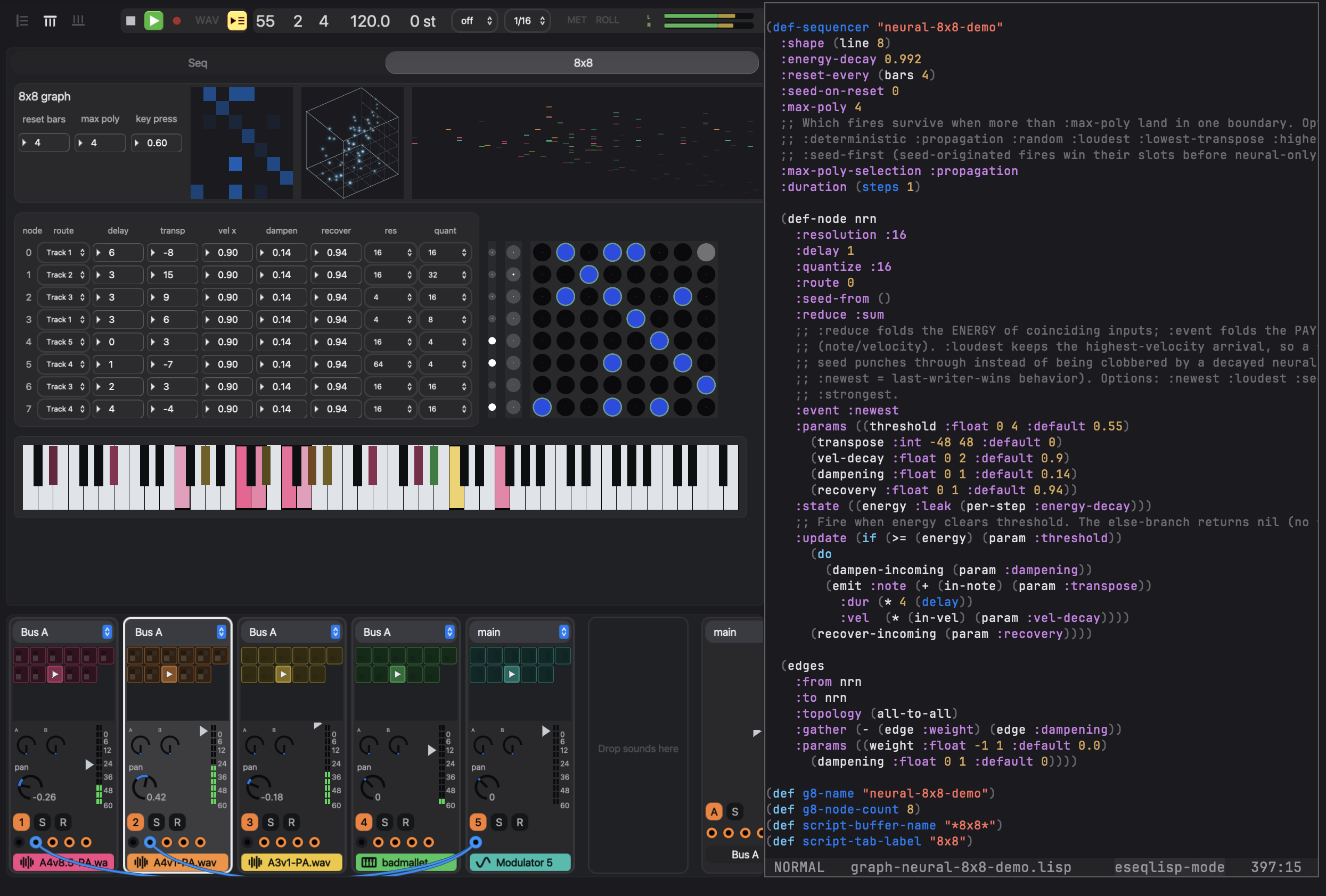 A custom 8x8 neural sequencer running in eseq next to the Lisp code that defines it