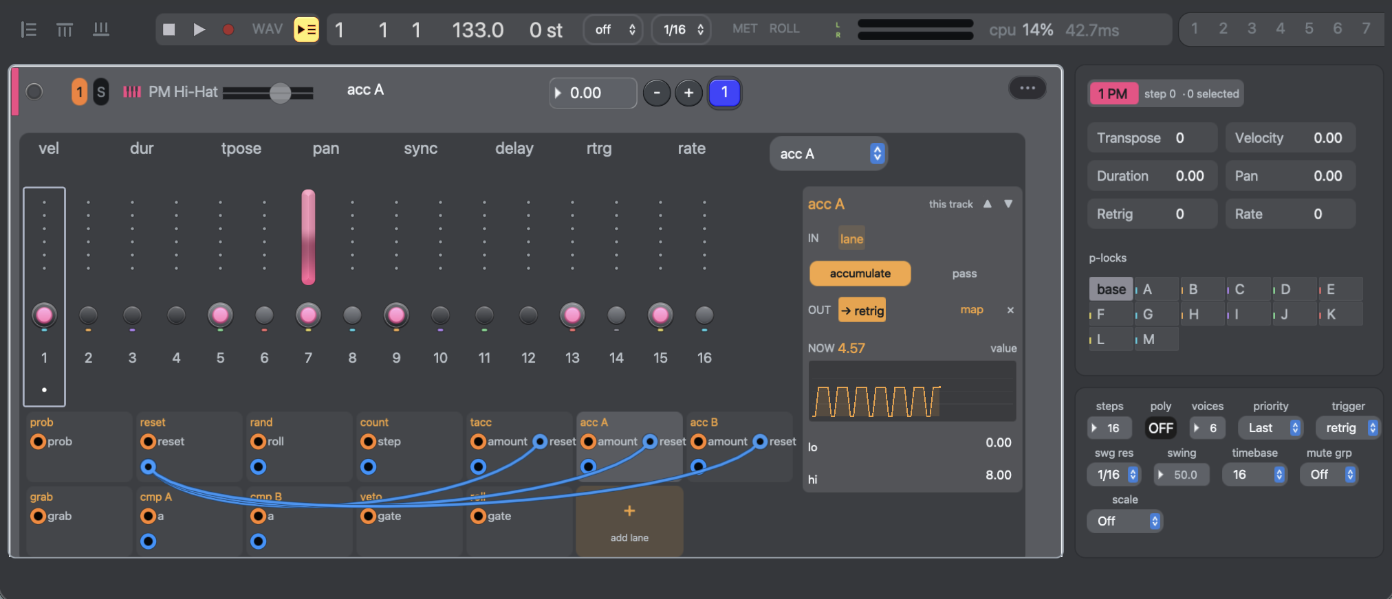 A parameter lane with probability, reset, random, count, and accumulator modules wired together, in the Haze theme
