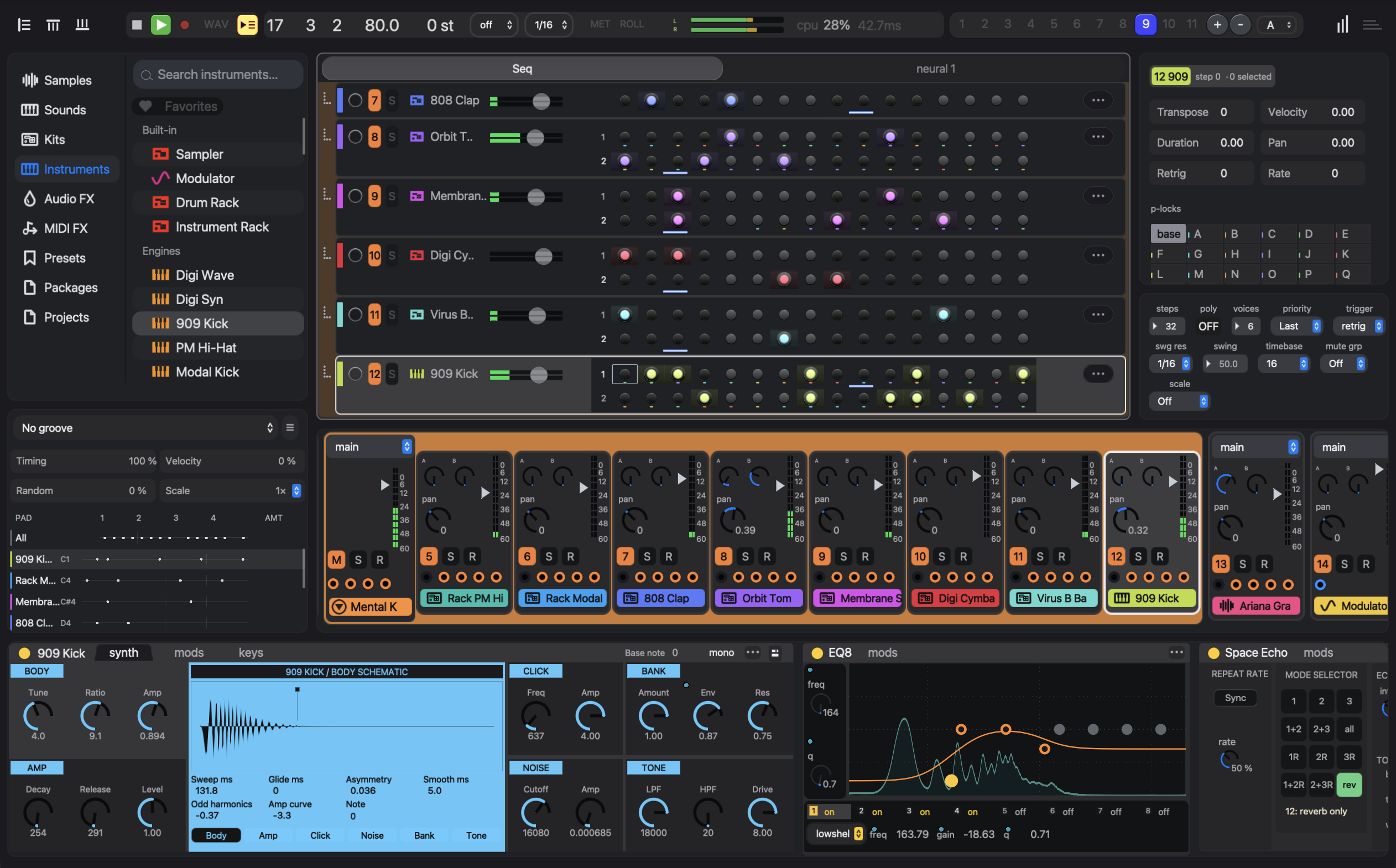 The eseq sequencer: a step grid for a group of drum tracks, a mixer, and effect chains