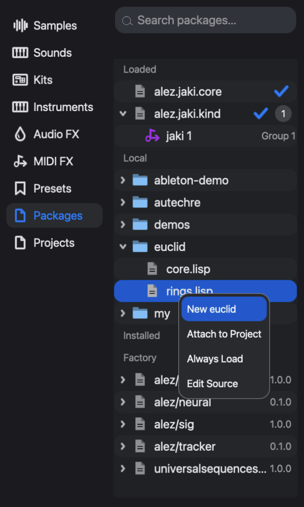 The package browser: loaded, local, and factory packages, with a menu on the euclid package offering New euclid, Attach to Project, Always Load, and Edit Source