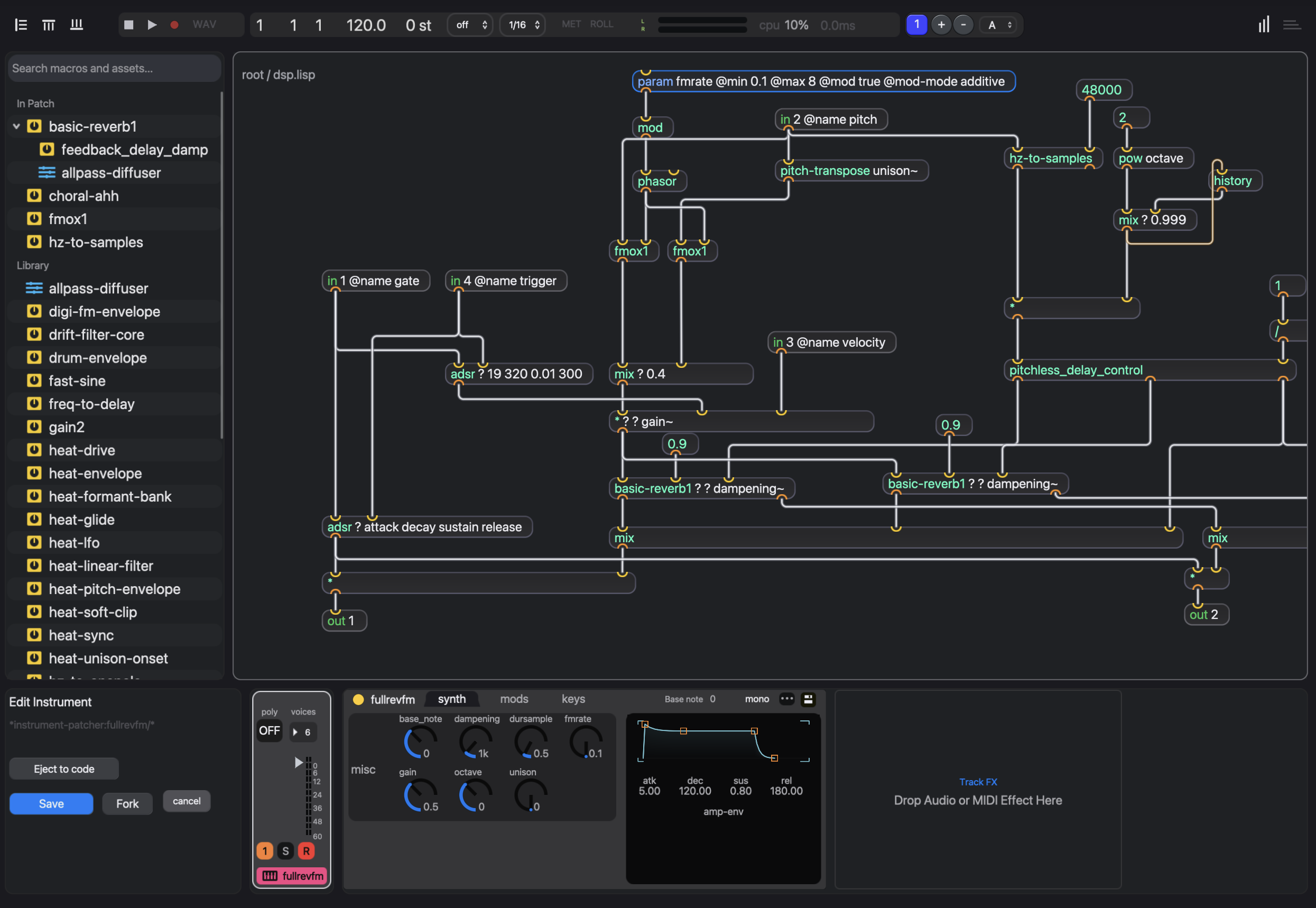 An eseq instrument opened as a patch of connected DSP objects