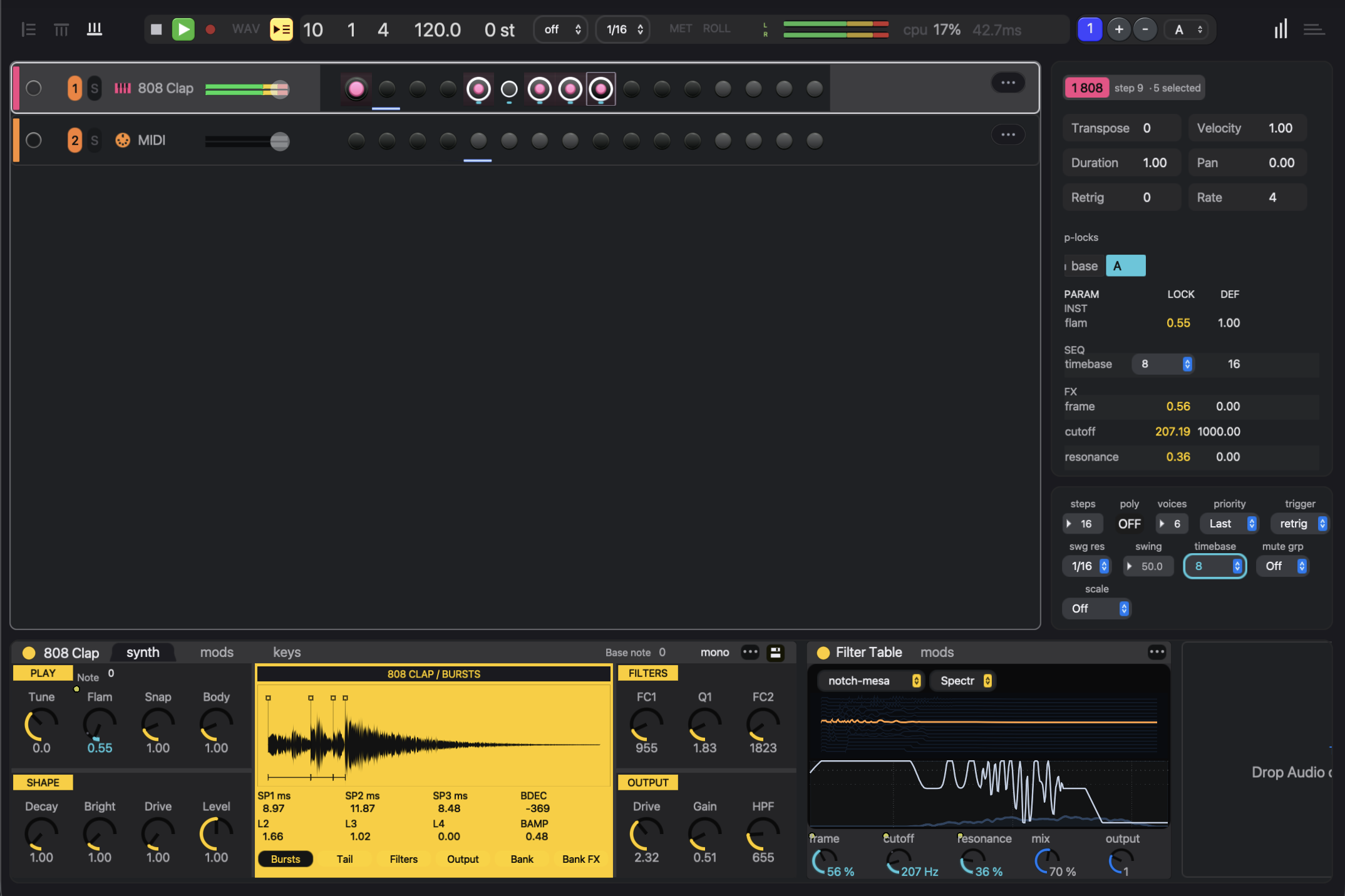 Five selected steps on an 808 Clap track with locks on flam, timebase, and the Filter Table's frame, cutoff, and resonance