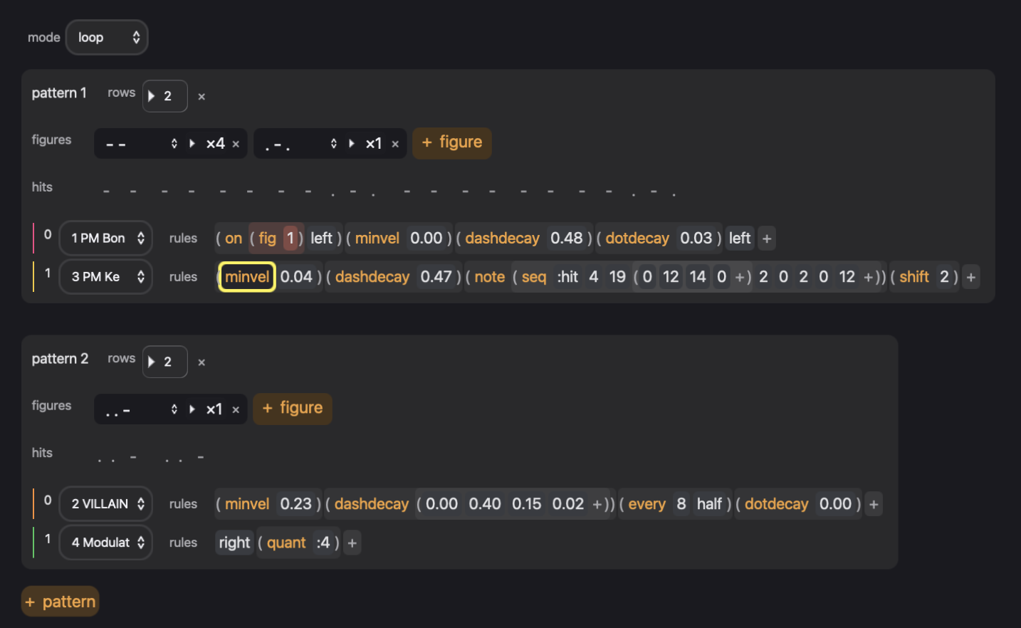 A Jaki sequencer: two patterns built from dash-and-dot figures, with rules per track