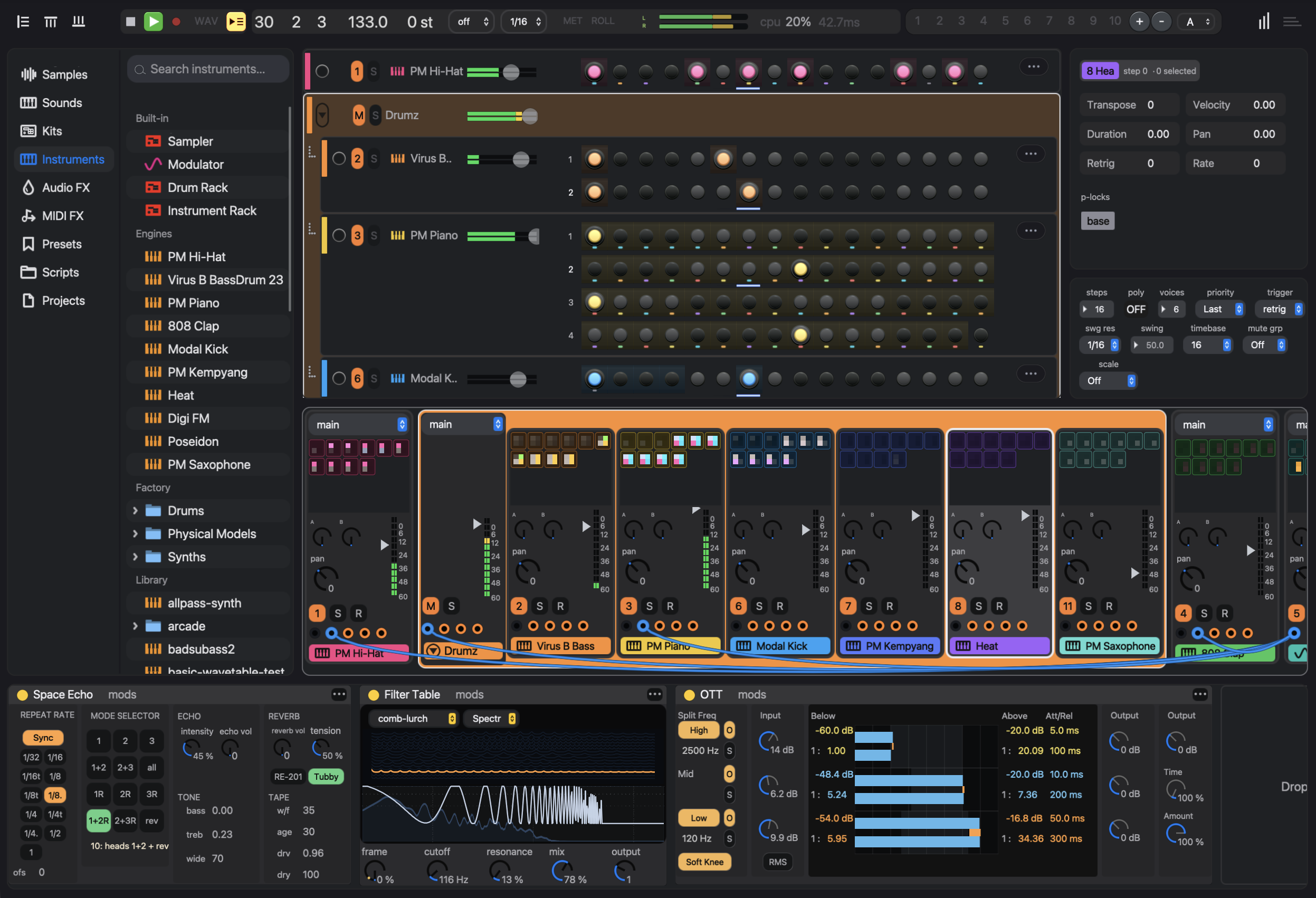 The eseq sequencer: a step grid for a group of drum tracks, a mixer, and effect chains
