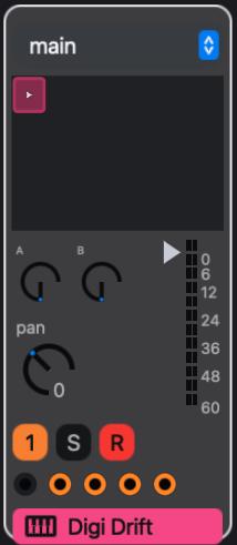 Check R for live input, the numbered mute button, S for solo, and the fader for level.