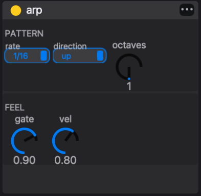 The arp panel controls how held notes become an arpeggio before reaching the instrument.
