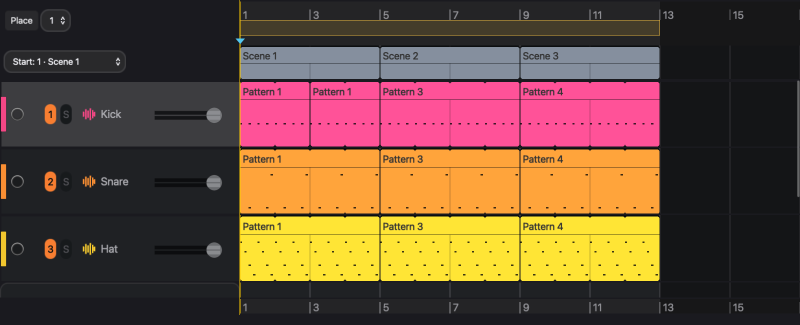 The scene lane sits above the track clips. Clip previews show the notes placed on the timeline.