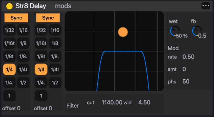 Str8 Delay in the audio effect chain. Its header holds the enable control; the panel holds its parameters.