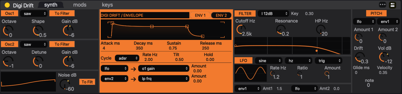 Digi Drift in the bottom device panel. Its FILTER section contains the Cutoff Hz control used later in this walkthrough.
