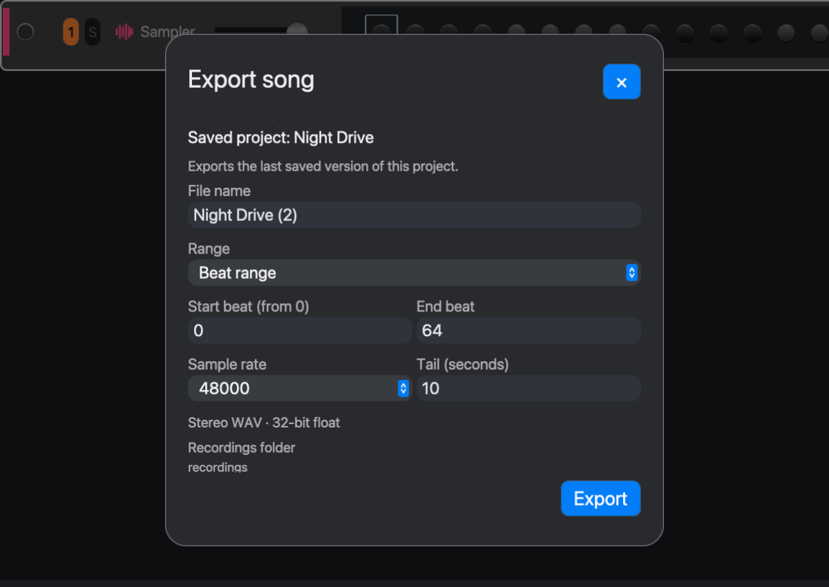 Export Audio sets the filename, beat range, sample rate, and tail.