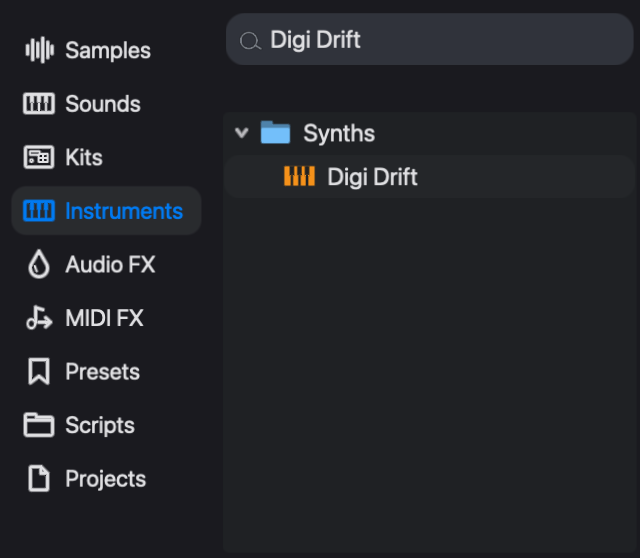 Searching for Digi Drift narrows the browser to the matching factory instrument. Double-click the result under Synths to load it.