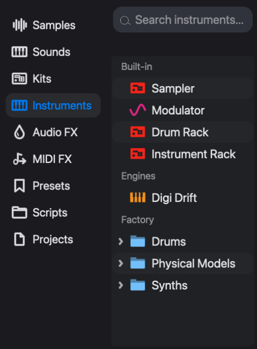 The Instruments browser lists factory generators and rack types.