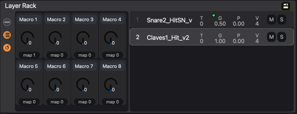 A rack with two sample layers and its macro controls. Each row has its own gain, pan, voices, mute, and solo.