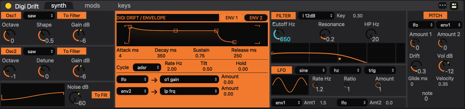 Digi Drift with a cutoff lock on the selected step. The control’s marker identifies the locked parameter.