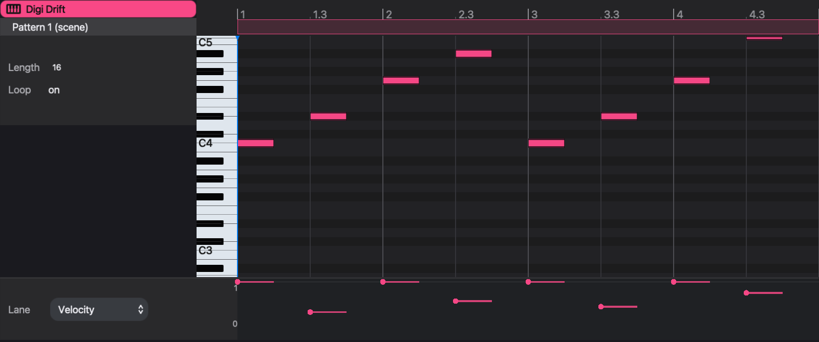 The same pattern in the piano roll: pitch above, velocity below, and source settings at the side.