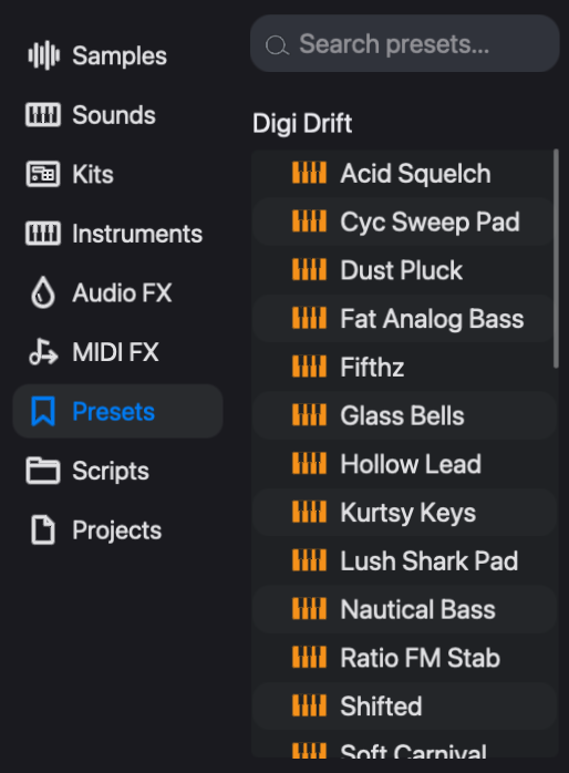 Presets follow the selected instrument; this list belongs to Digi Drift.