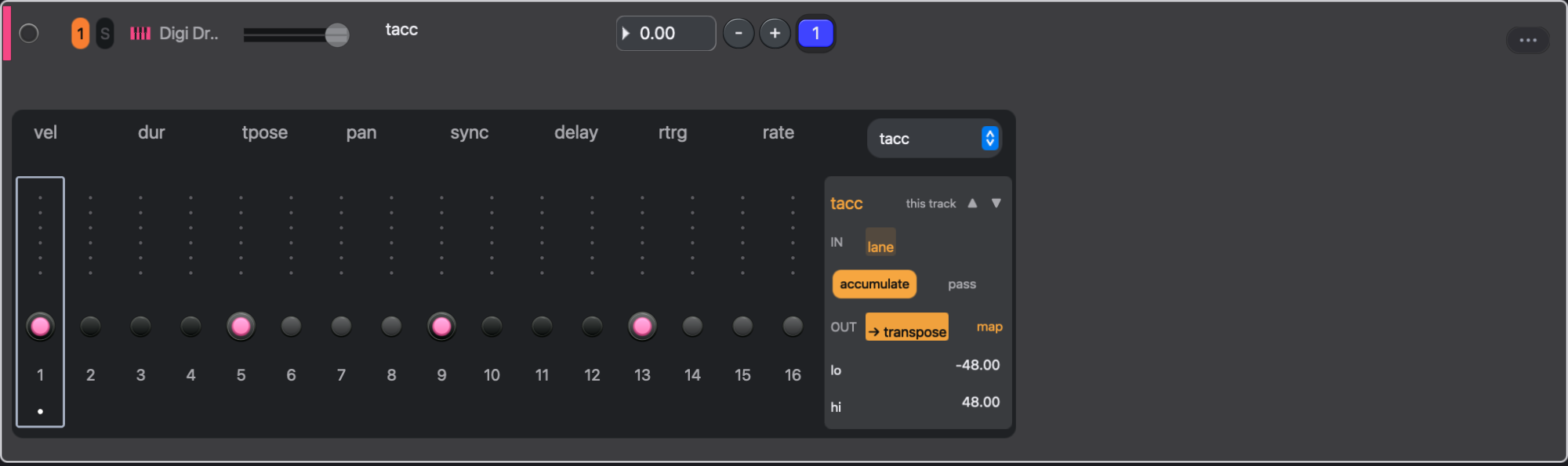 The tacc lane and its amber control strip. The strip sets the accumulation mode, output, and range.