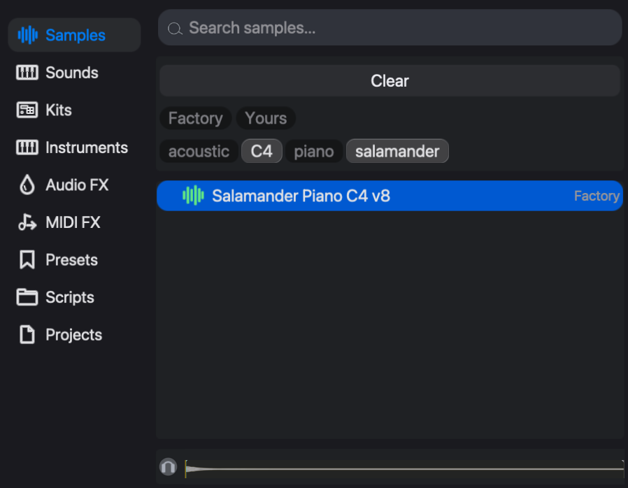 The Samples browser combines collection tags, a file list, and waveform preview.