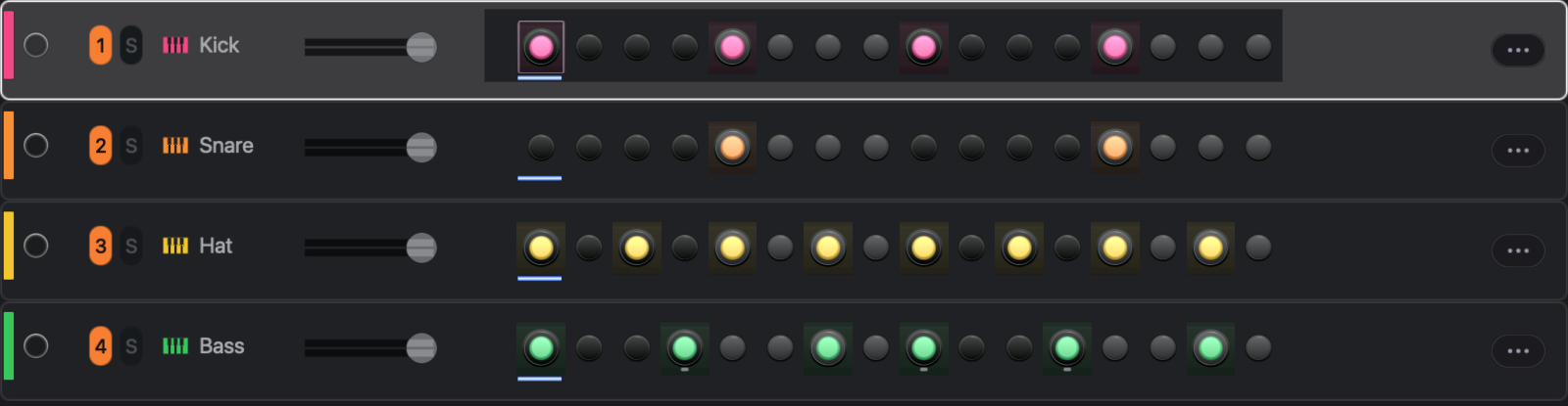 Each row is a track. Its lit steps make a pattern; selecting a row reveals that track’s devices.