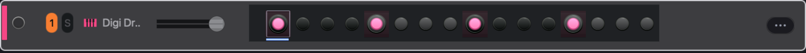 The Digi Drift row after entering the notes: steps 1, 5, 9, and 13 are lit. Each lit button will play the same instrument.